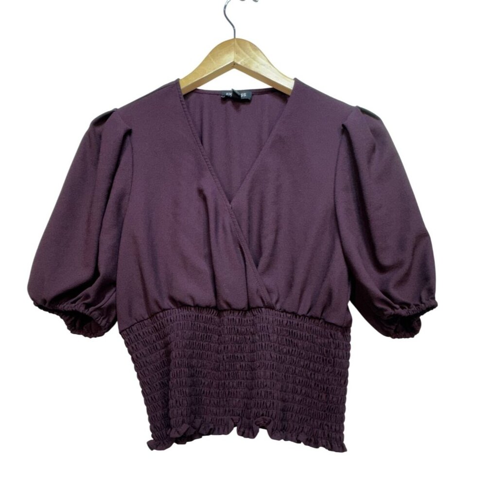 Express Smocked Waist Blouse Top Womens S Plum Wrap V-Neck Puff Sleeves Casual